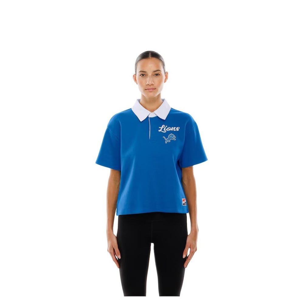 NWT Detroit Lions New Era Throwback Boxy Cropped Polo - Blue Size Medium